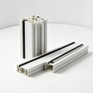 Custom co-extruded PVC door profiles with rigid body and soft gasket lip, square hero on white