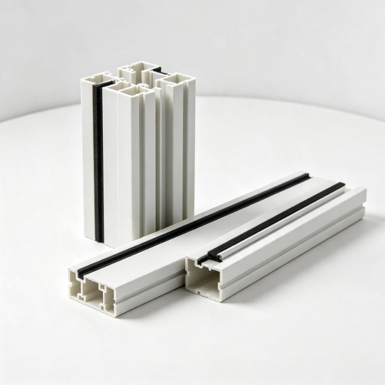 Custom co-extruded PVC door profiles with rigid body and soft gasket lip, square hero on white
