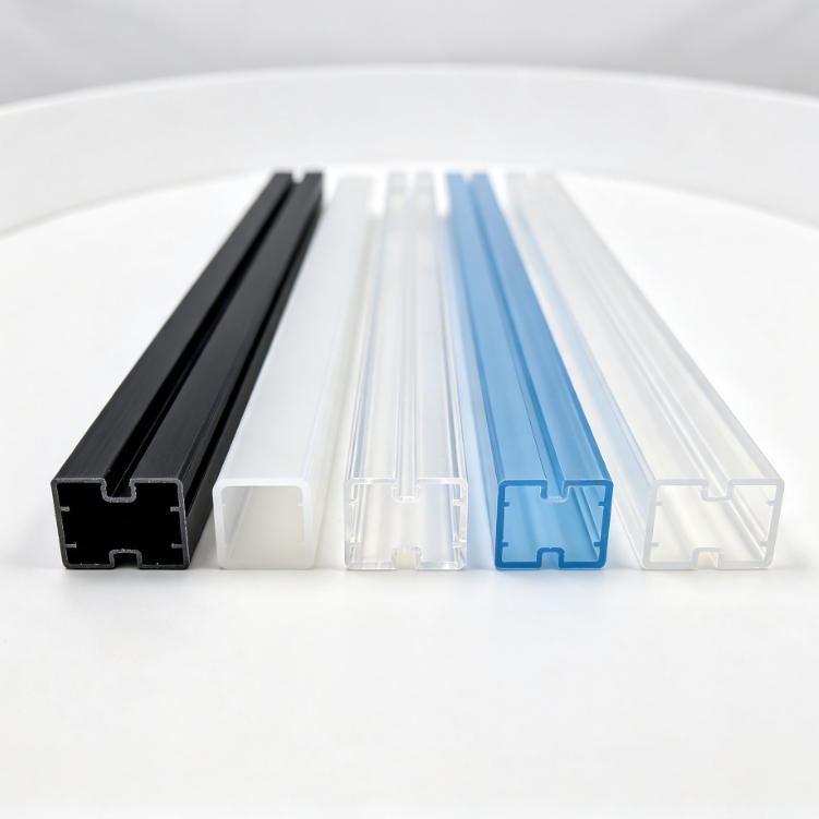 Custom ABS PP PMMA PC PET extruded profiles, cut ends showing sections, square hero on white