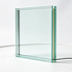 Custom heated Low-E insulated glass pane with busbars and leads, square hero on white background