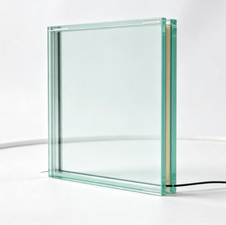 Custom heated Low-E insulated glass pane with busbars and leads, square hero on white background