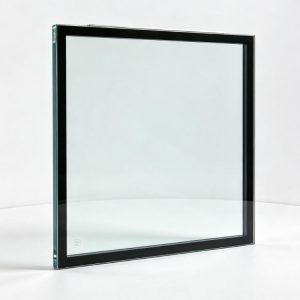 Custom fabricated door glass with black frit, laser mark and Low-E edge, square hero on white