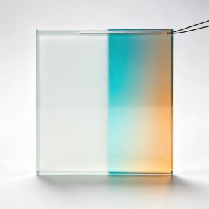 Custom PDLC and RGB LED switchable glass panel, half frosted half color-lit, square hero on white